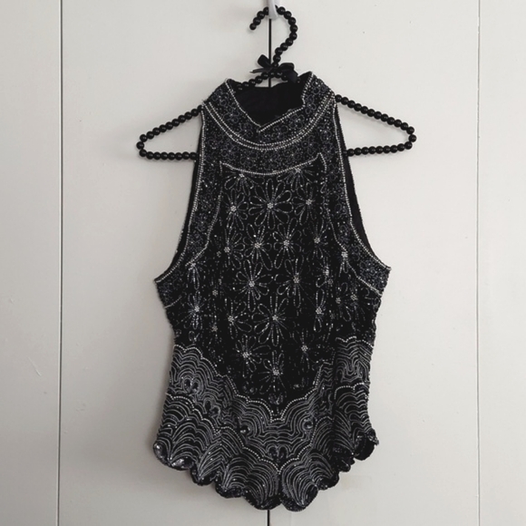 Vintage Papell Boutique Evening Black & Silver Beaded Trapeze Halter Top Size M - Picture 2 of 16